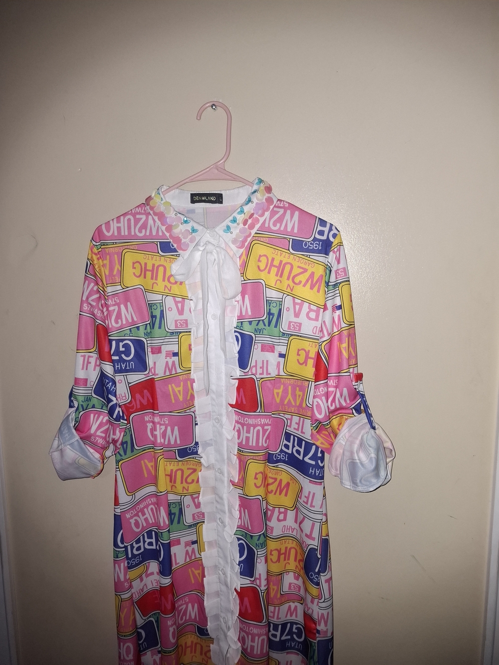 Retro License Plate Print Ruffle-Front Dress - Pink Multi - Picture 7 of 9
